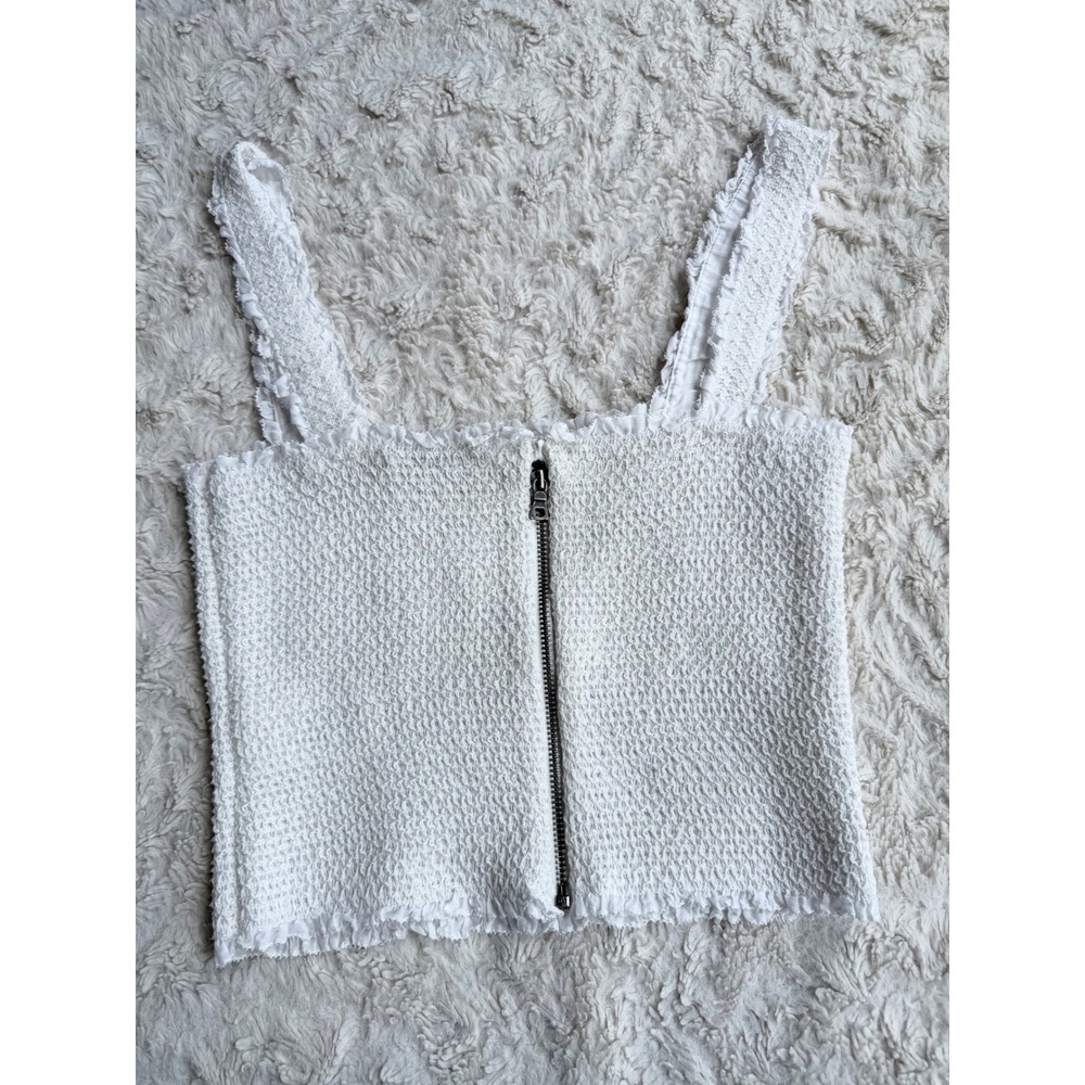 Alice + Olivia White Smocked Cotton Silk Ruffle Crop Top Sleeveless Tank Cami M - Picture 10 of 14